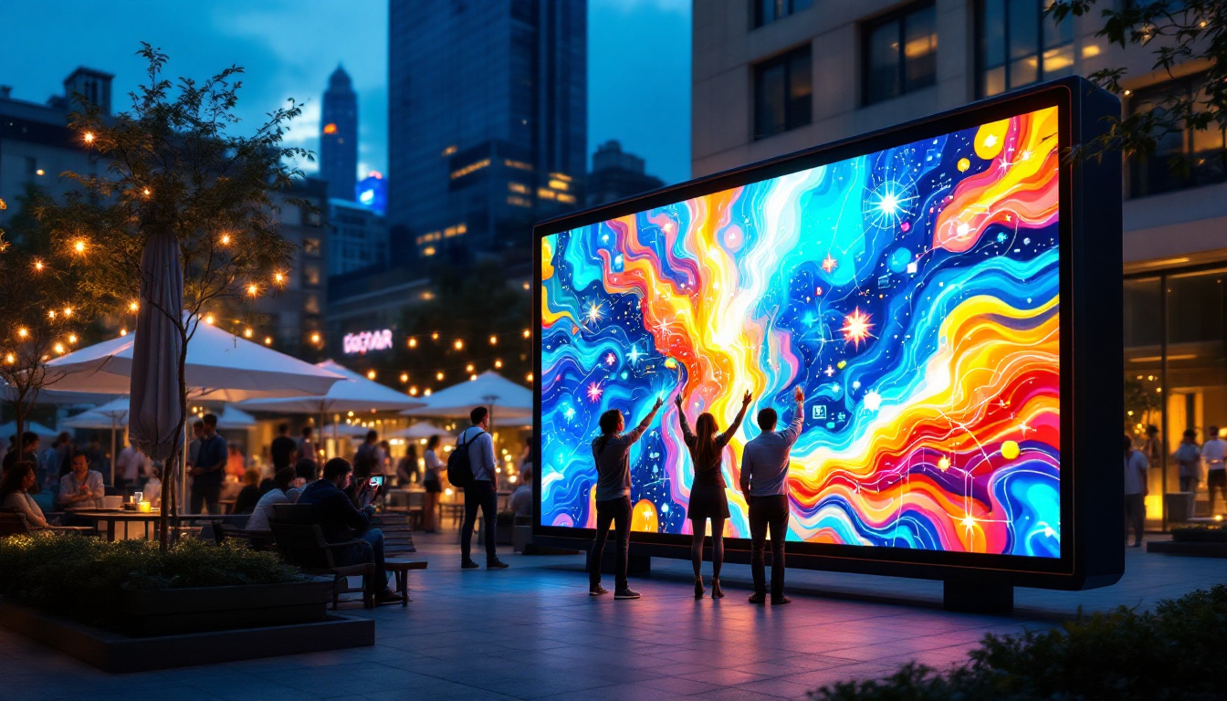 A photograph of capture a photograph of a vibrant outdoor setting featuring a large led touchscreen display being interacted with by people