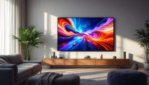A photograph of a sleek rear projection tv displaying vibrant led visuals in a modern living room setting