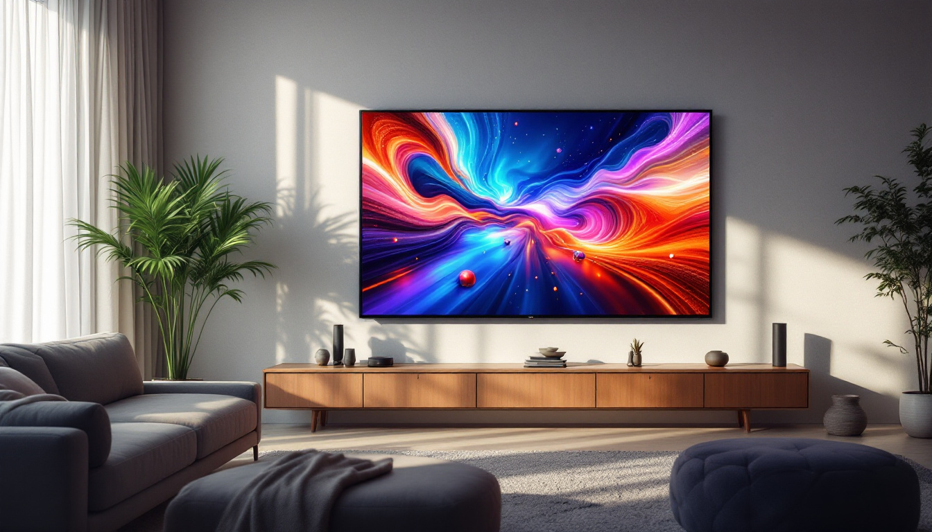 A photograph of a sleek rear projection tv displaying vibrant led visuals in a modern living room setting