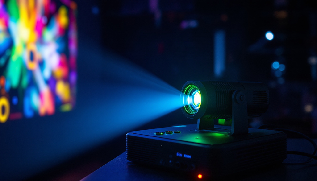 A photograph of a vibrant led sign projector in action
