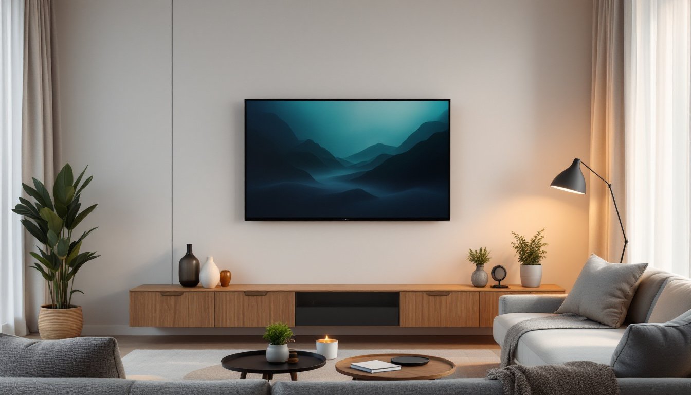 A photograph of a stylish living room featuring a modern led tv mounted on a beautifully designed wall