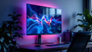 A photograph of a sleek 27-inch led monitor mounted on a wall