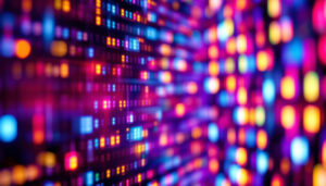 A photograph of a close-up of a vibrant led display showcasing a colorful image or video