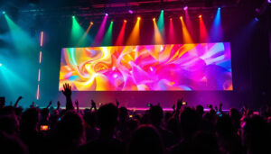 A photograph of capture a photograph of a vibrant led display in a lively venue setting