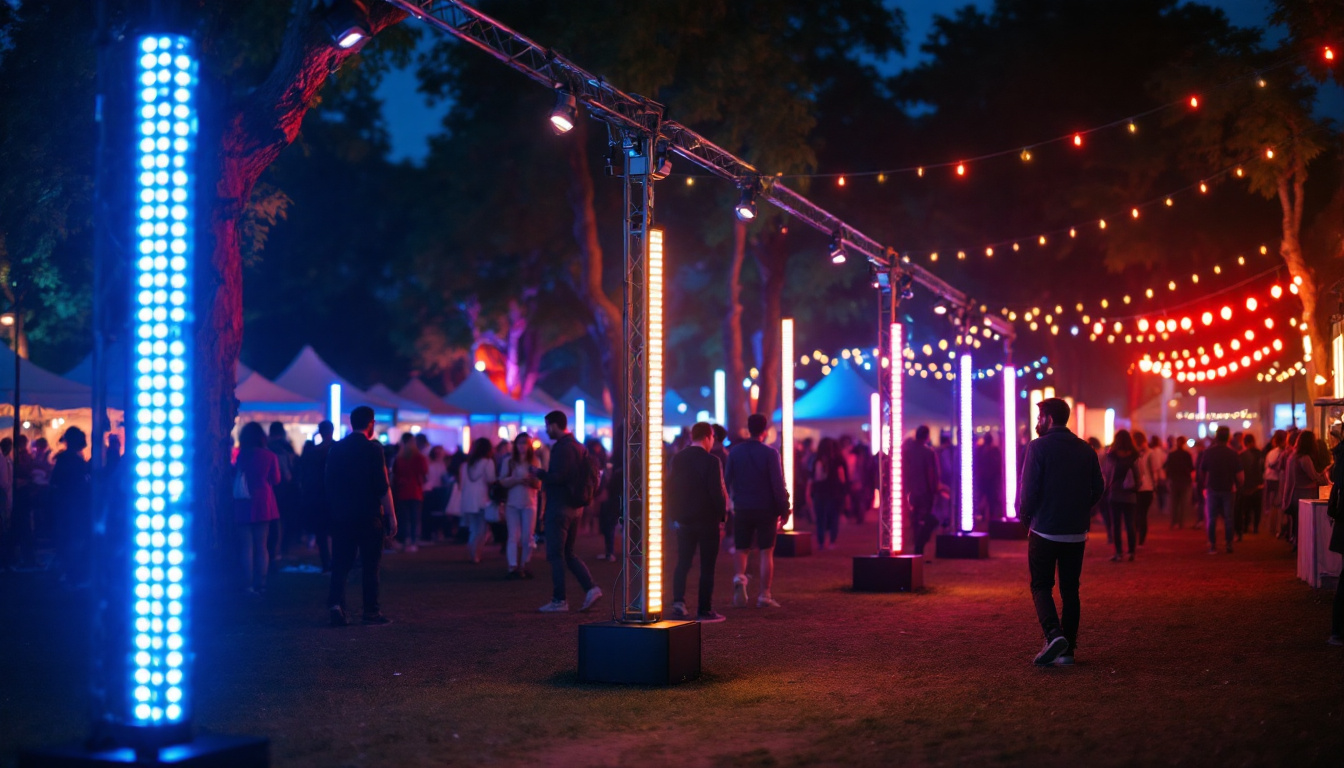 A photograph of a vibrant outdoor scene featuring led light stands in use during a nighttime event