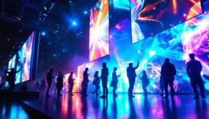 A photograph of a vibrant led display in a dynamic setting