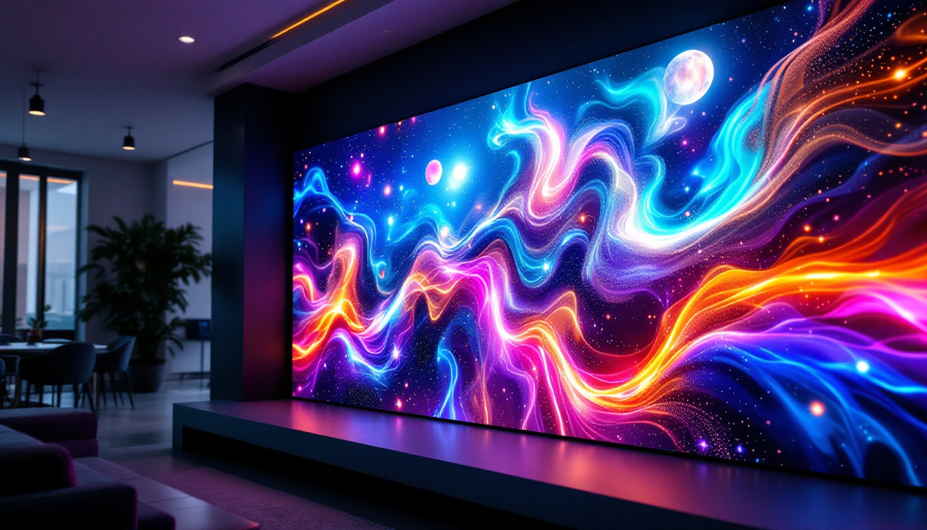 A photograph of a vibrant media wall featuring a dynamic led display in a modern setting