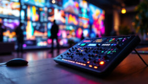 A photograph of a sleek video wall controller setup in a modern environment