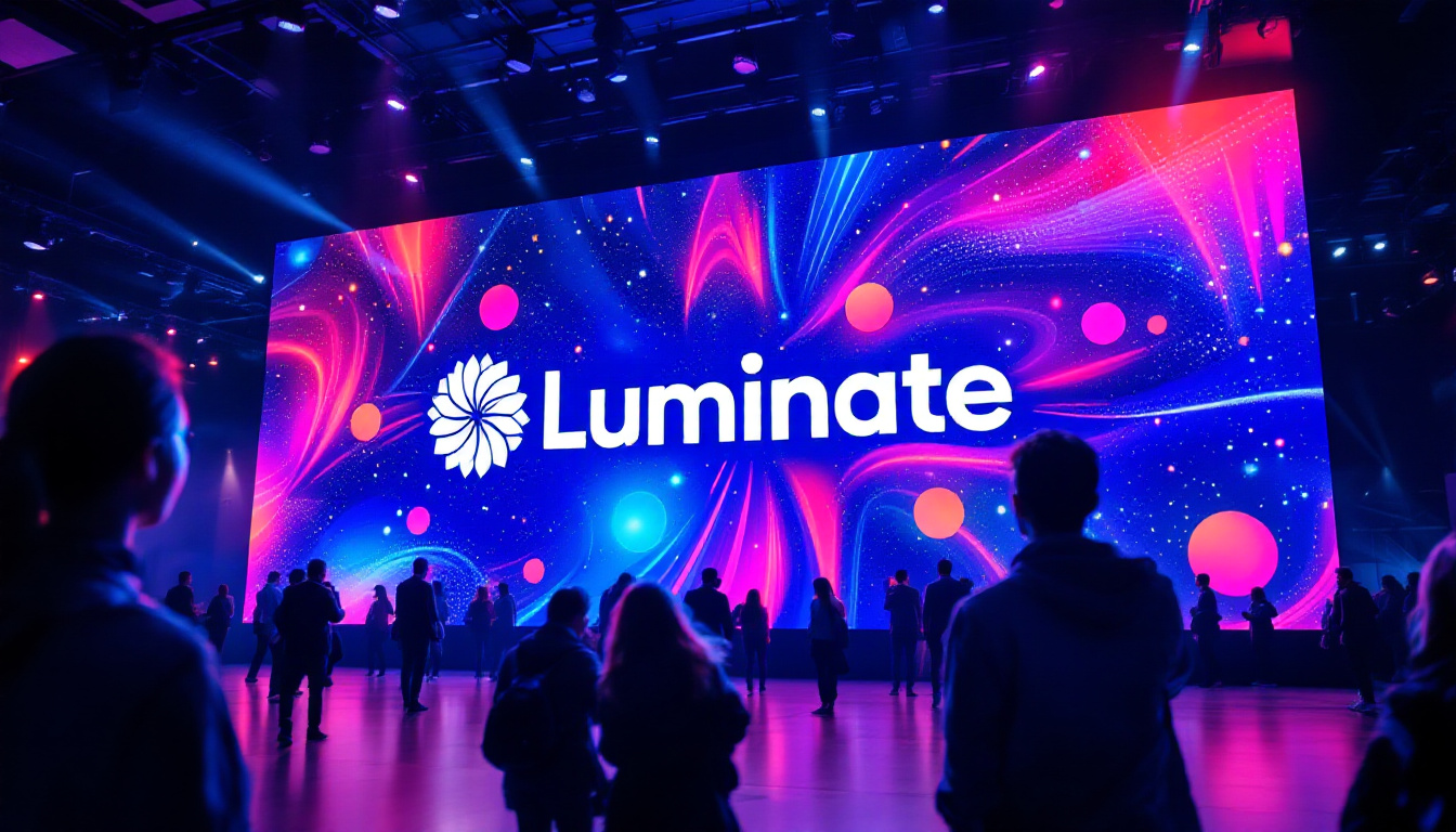 A photograph of a vibrant luminate logo prominently displayed on an led screen