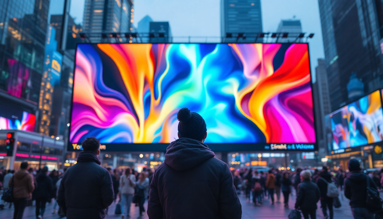 A photograph of a vibrant led display in a dynamic urban setting