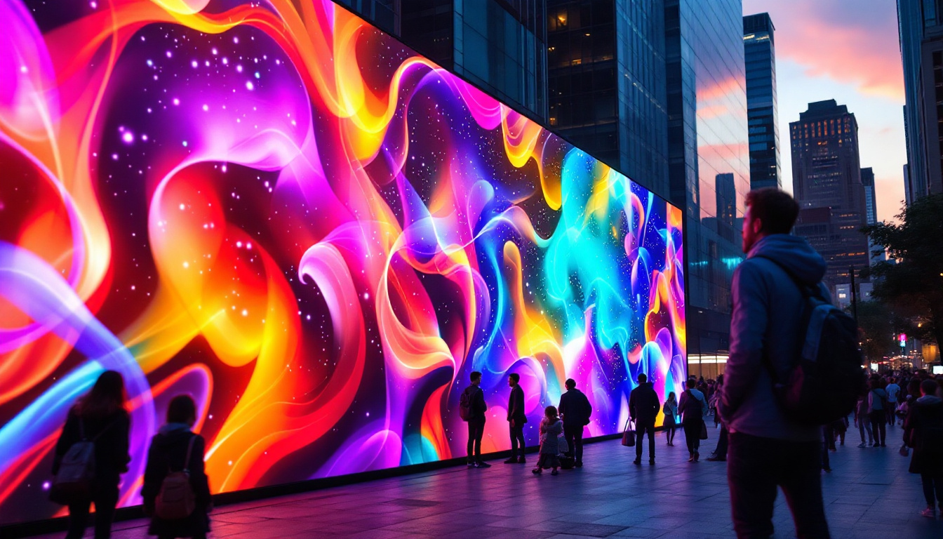 A photograph of capture a photograph of a vibrant led wall display in an urban setting