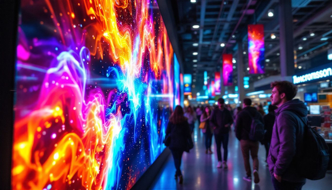 A photograph of a vibrant led display in a bustling retail environment