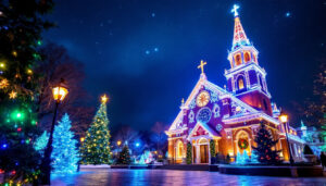 A photograph of capture a photograph of a beautifully decorated church illuminated with vibrant led displays