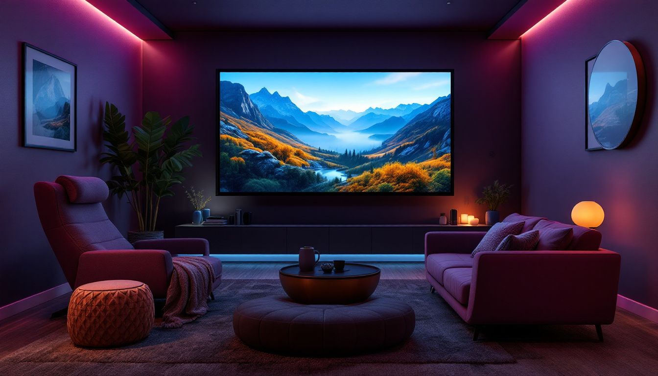 A photograph of a stylish home theater setup featuring a large led display