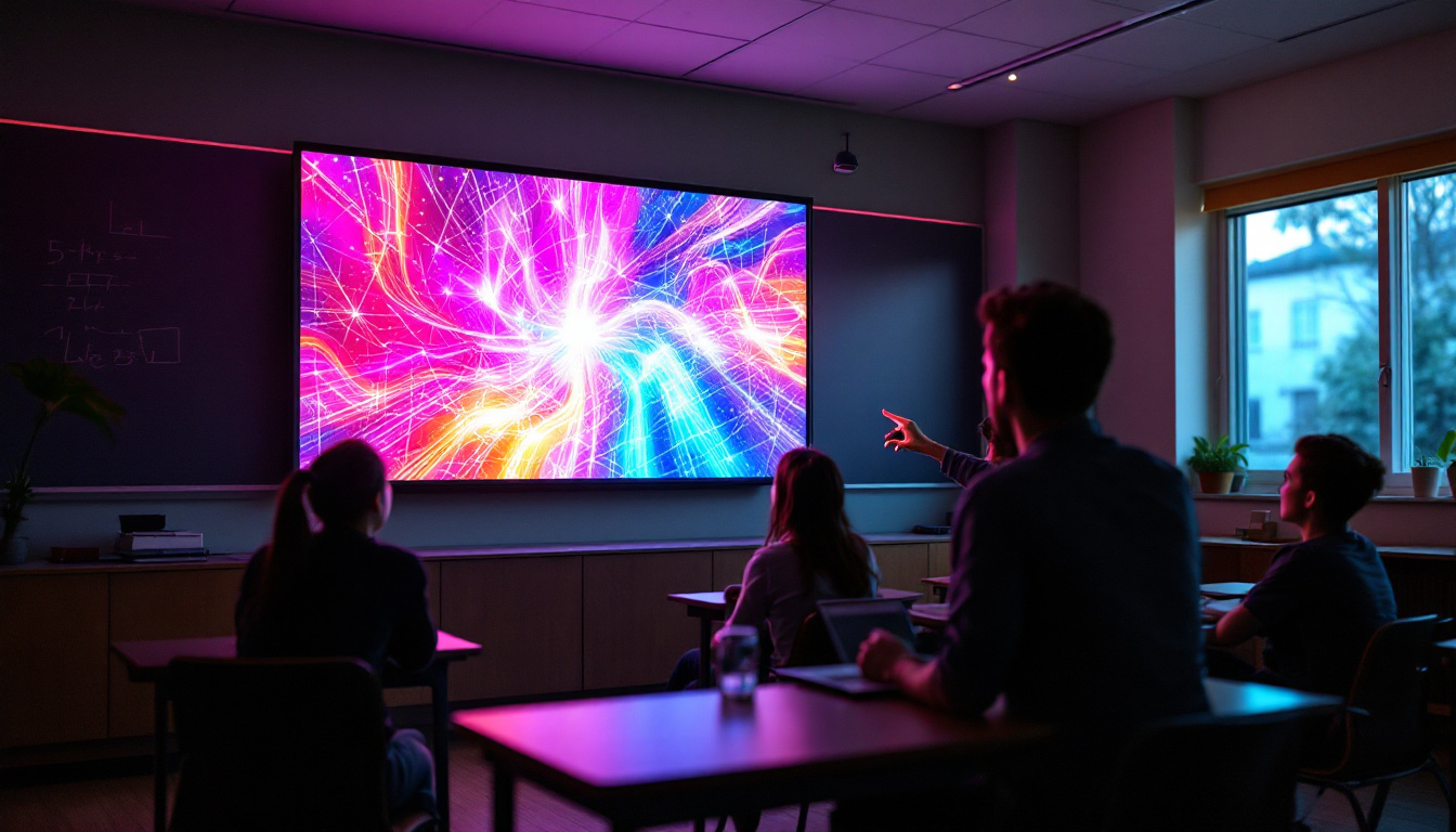 A photograph of a vibrant classroom setting featuring a smart board displaying a colorful led projection
