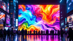 A photograph of capture a photograph of a vibrant led display in a bustling urban setting