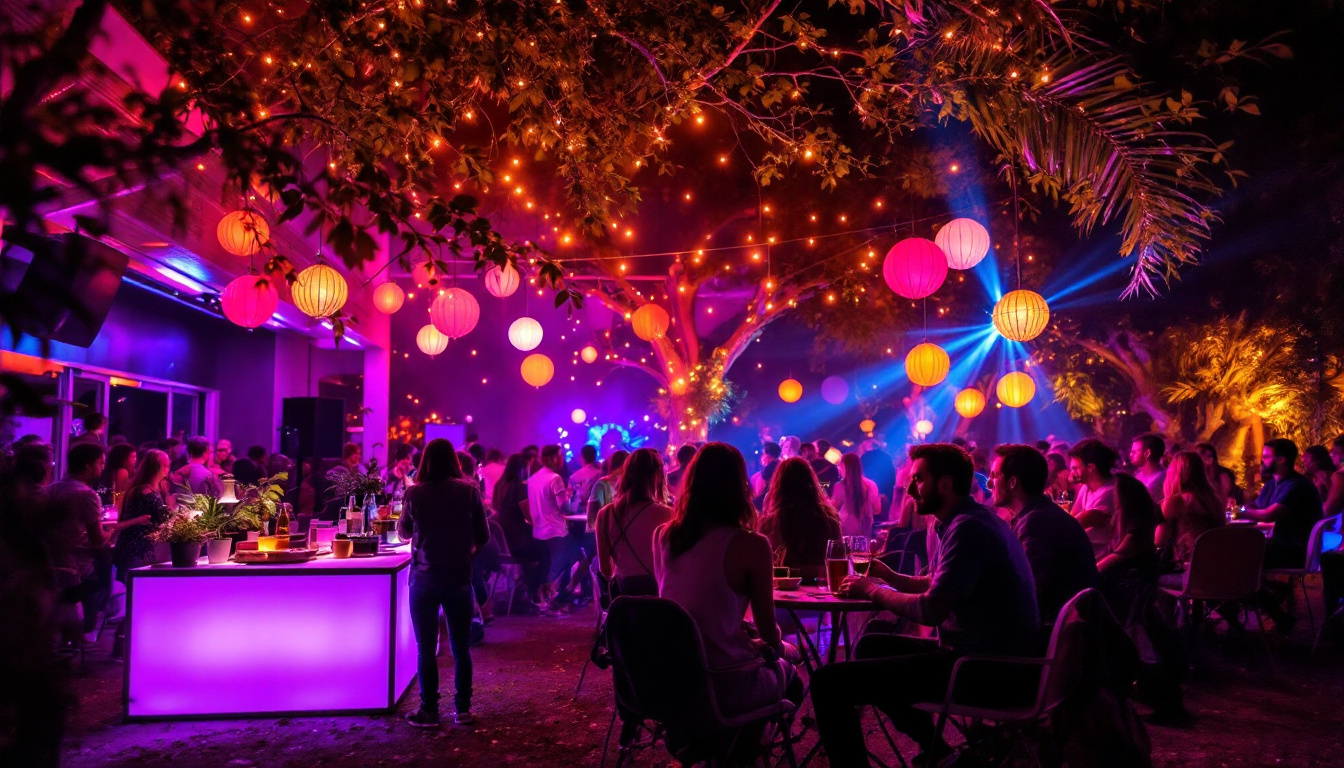 A photograph of a vibrant outdoor party scene illuminated by colorful led display lights