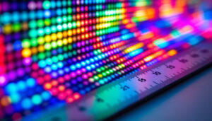 A photograph of a close-up shot of a vibrant led display showcasing various colors and patterns