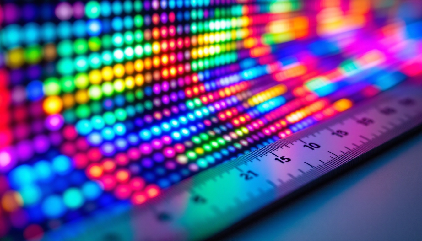 A photograph of a close-up shot of a vibrant led display showcasing various colors and patterns