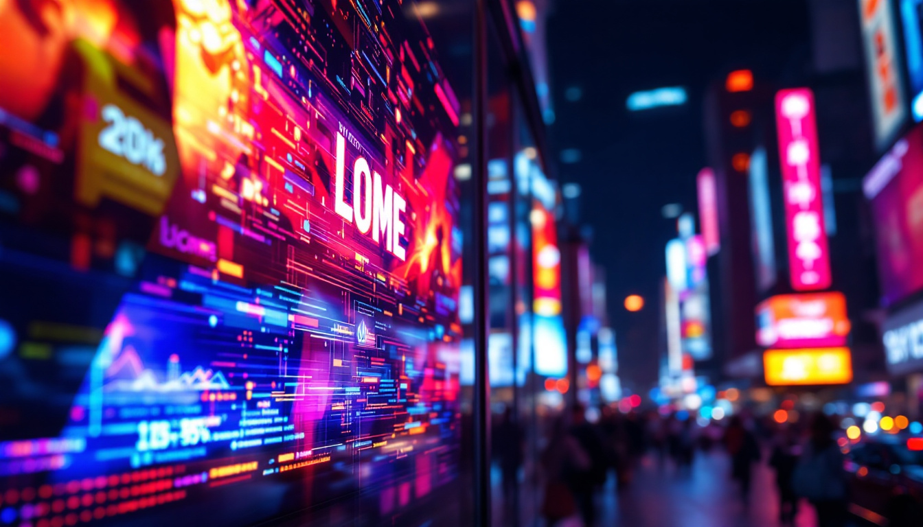 A photograph of a vibrant led display showcasing dynamic visuals or information in a bustling urban setting