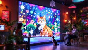 A photograph of a vibrant and inviting scene inside the giant 3d cat cafe