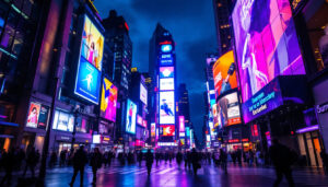 A photograph of a vibrant led display in a bustling urban setting at night