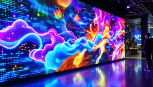 A photograph of a vibrant led cloud wall installation in a modern setting