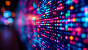 A photograph of a close-up of a vibrant led display screen