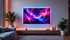 A photograph of a modern living room featuring a sleek led display mounted on a stylish wall background