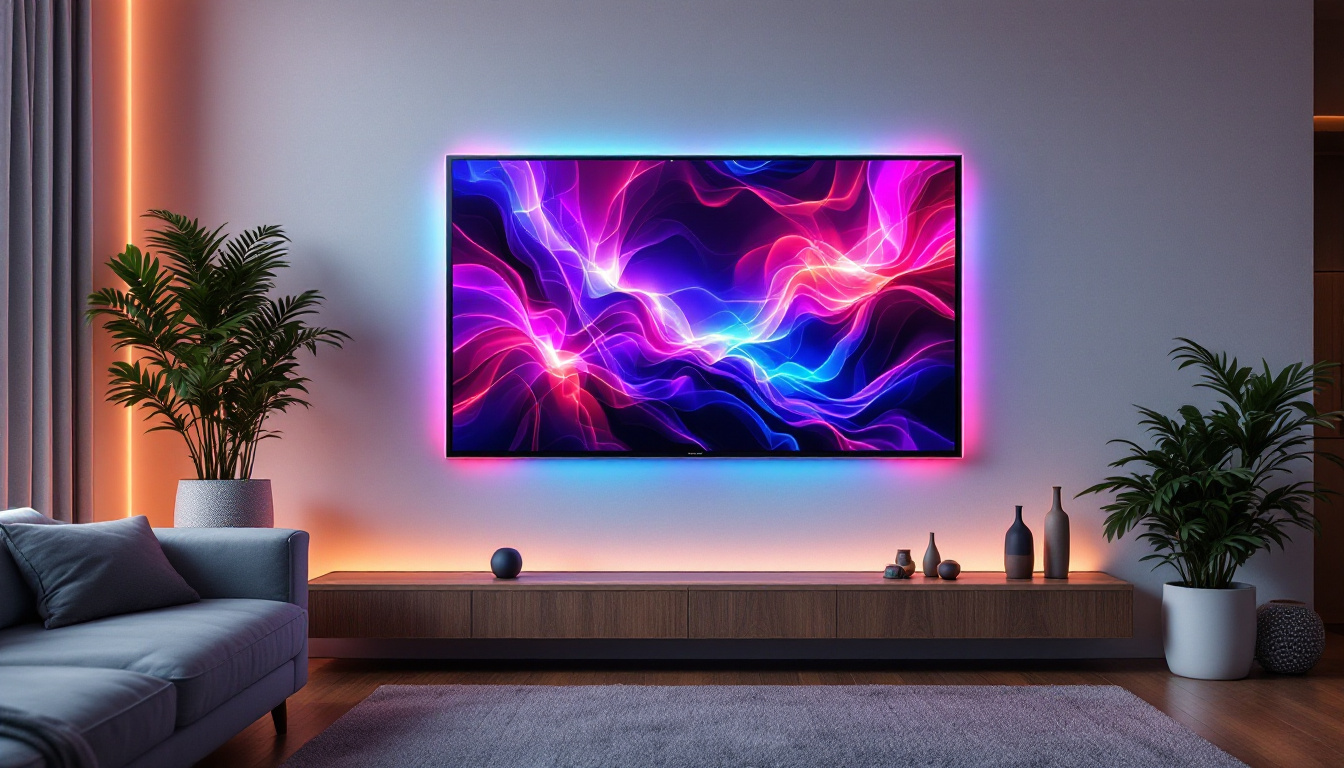 A photograph of a modern living room featuring a sleek led display mounted on a stylish wall background