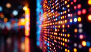 A photograph of a close-up shot of a vibrant led display in use