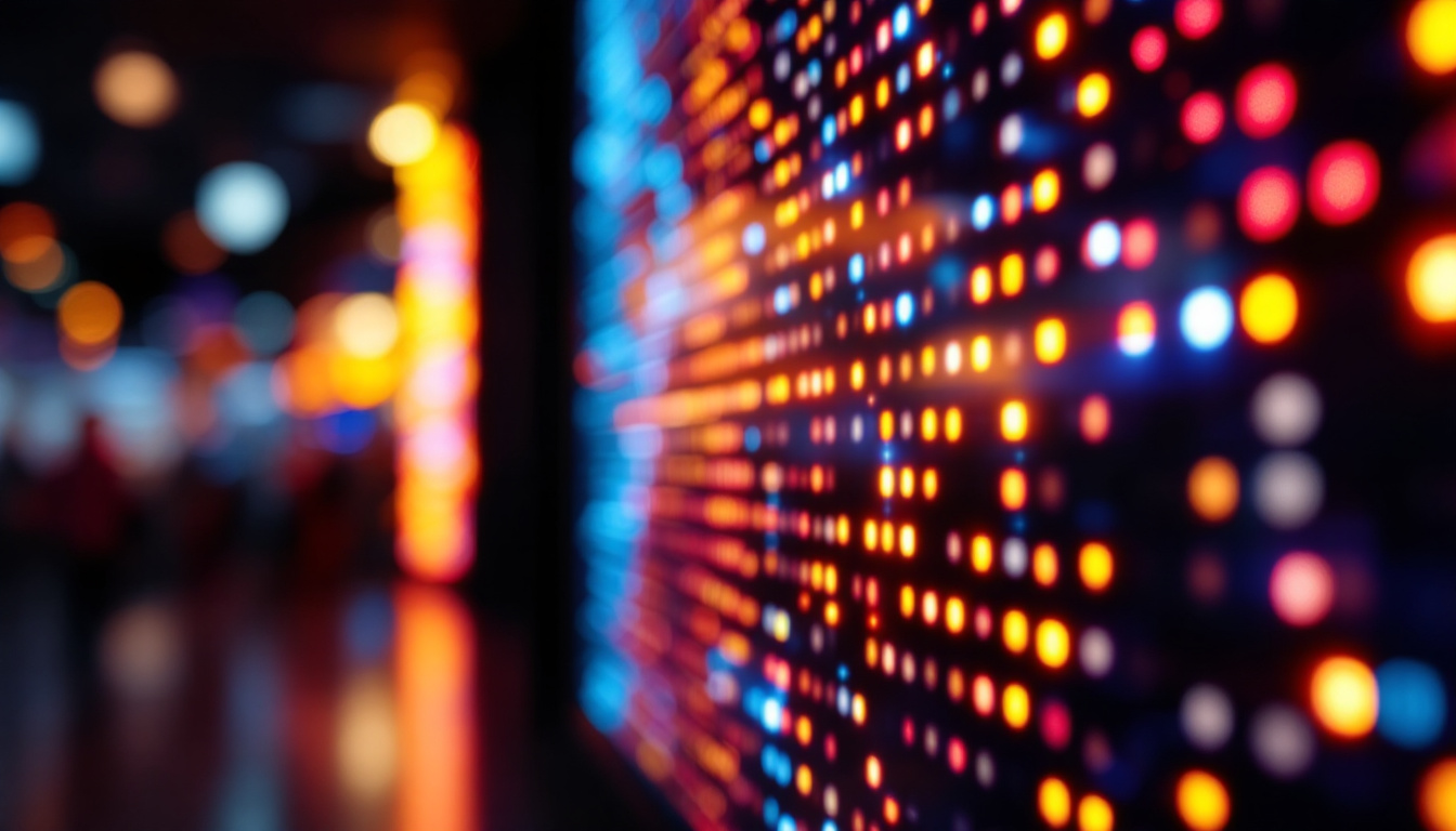 A photograph of a close-up shot of a vibrant led display in use