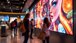 A photograph of a vibrant led display in a retail environment