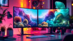 A photograph of a sleek dual monitor stand featuring two 27-inch led displays