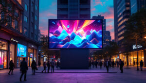 A photograph of a vibrant 3d led billboard in an urban setting