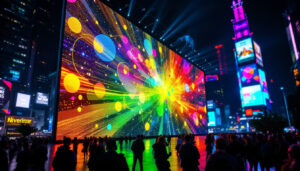 A photograph of a vibrant led display showcasing dynamic visuals and colors