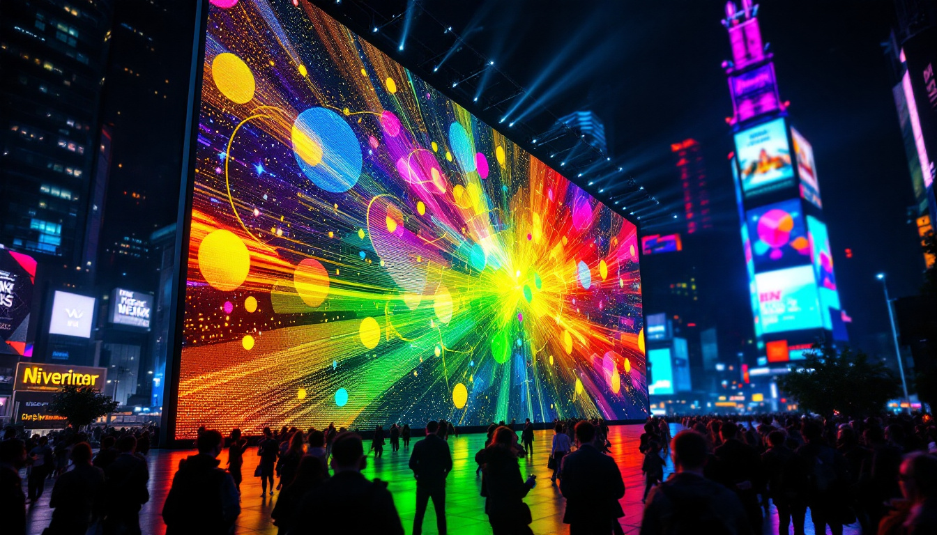 A photograph of a vibrant led display showcasing dynamic visuals and colors
