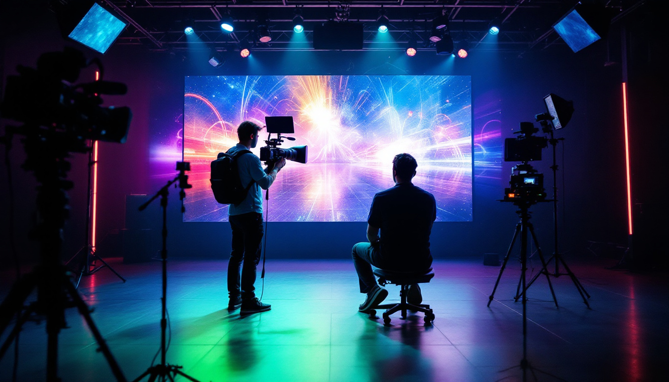 A photograph of a dynamic virtual production setup featuring a filmmaker directing a scene in front of a large led display