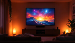 A photograph of a well-lit home theater setup featuring a projector screen with a frame displaying a vibrant led image