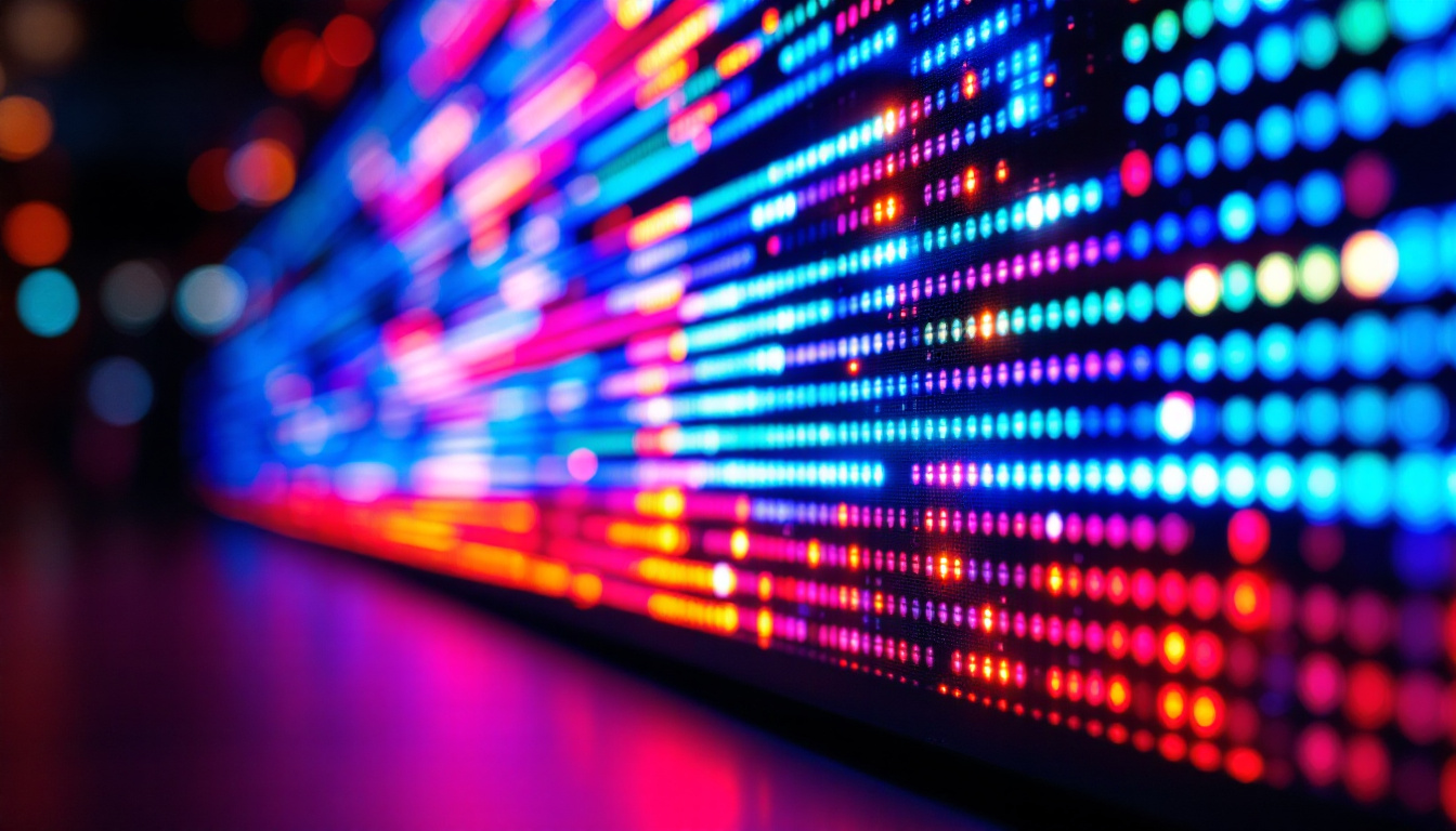 A photograph of a close-up of a vibrant led display in action