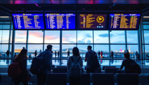A photograph of capture a photograph of the nhv airport's vibrant led display showcasing flight information