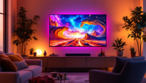A photograph of a vibrant living room scene featuring a sleek 5k resolution led tv displaying stunning