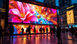 A photograph of a vibrant led display screen in an urban setting