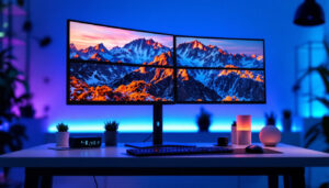 A photograph of capture a photograph of a sleek quad monitor stand showcasing four led displays in a modern workspace