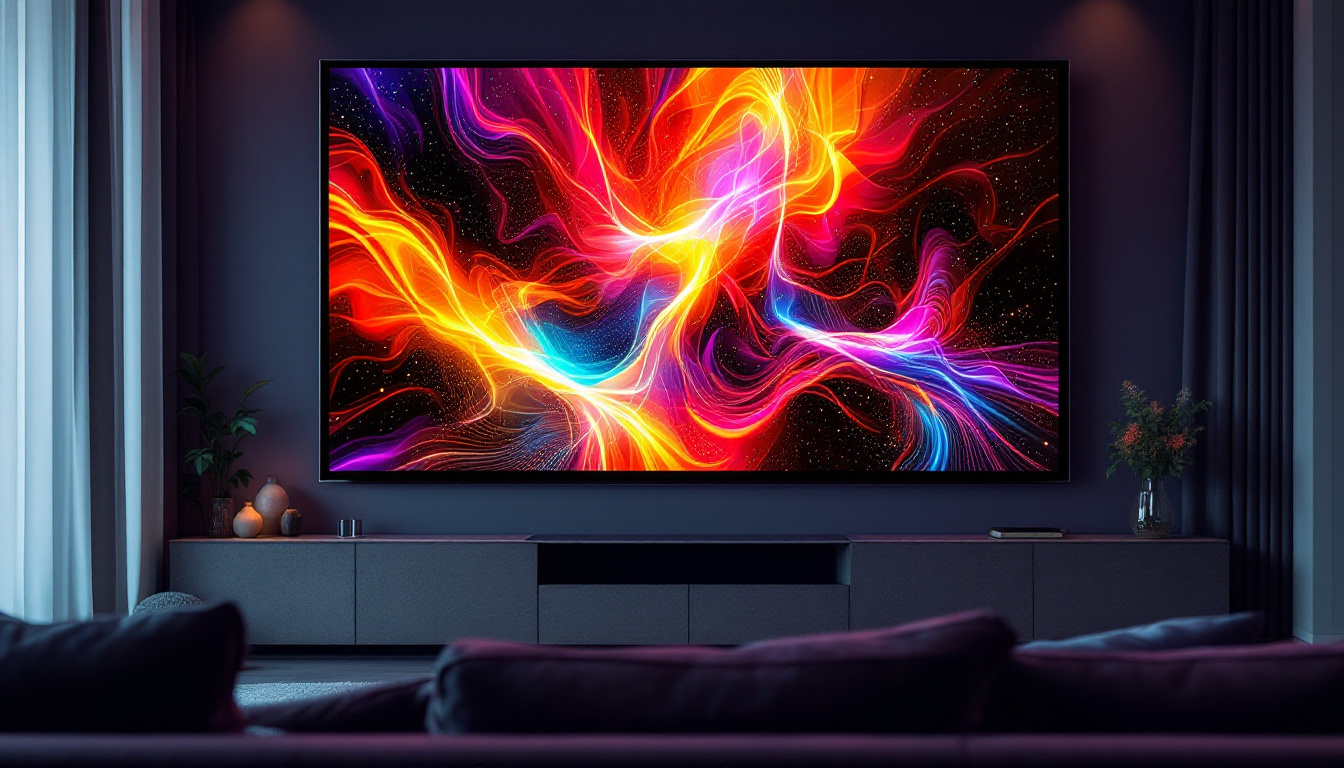 A photograph of a sleek black projection screen displaying vibrant led visuals in a modern home theater setting
