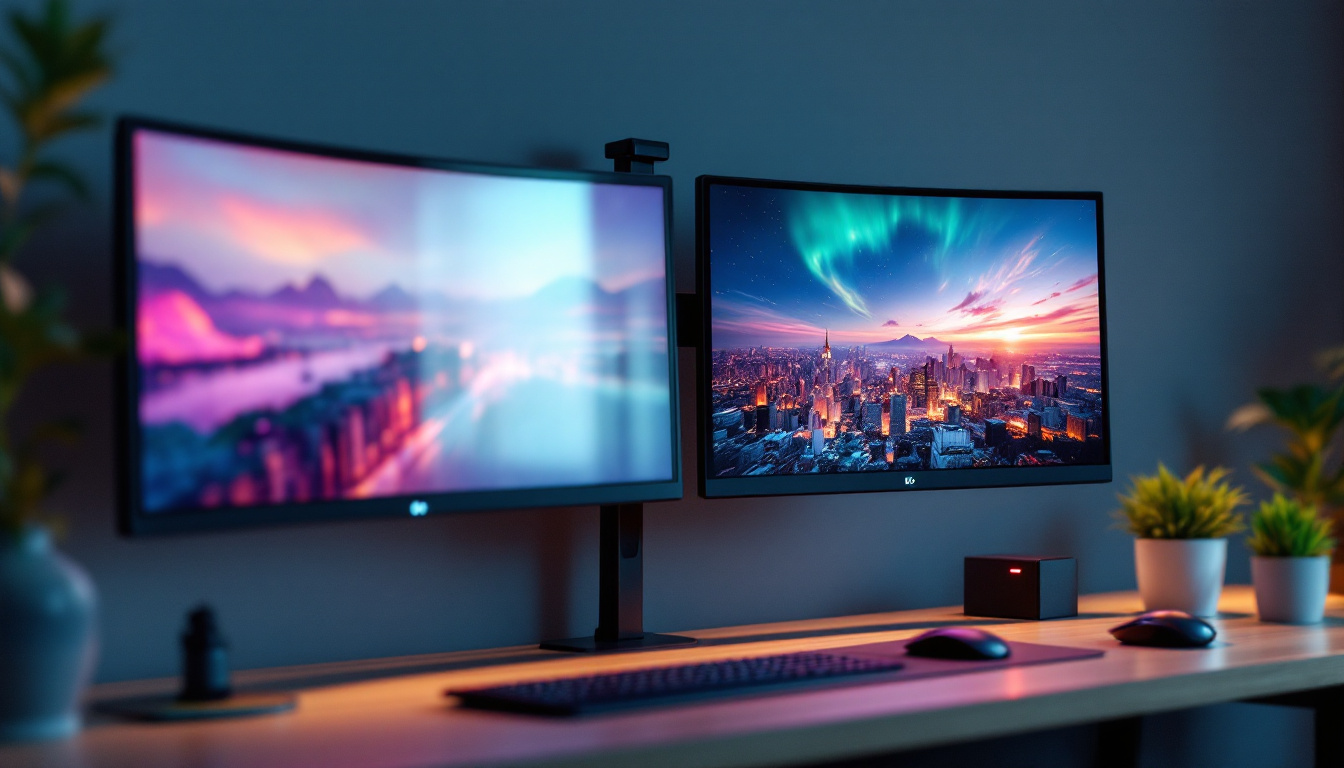 A photograph of capture a photograph of a sleek dual screen monitor wall mount setup in a modern workspace