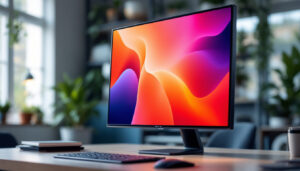 A photograph of a sleek and modern monitor display stand showcasing an led display in a well-lit workspace