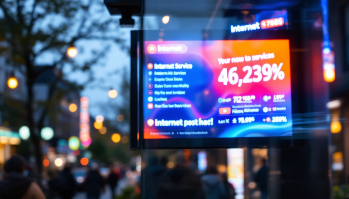 A photograph of a vibrant led display showcasing internet service options or advertisements in a bustling hillsboro neighborhood