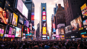 A photograph of capture a photograph of a vibrant times square scene featuring a prominently displayed led billboard
