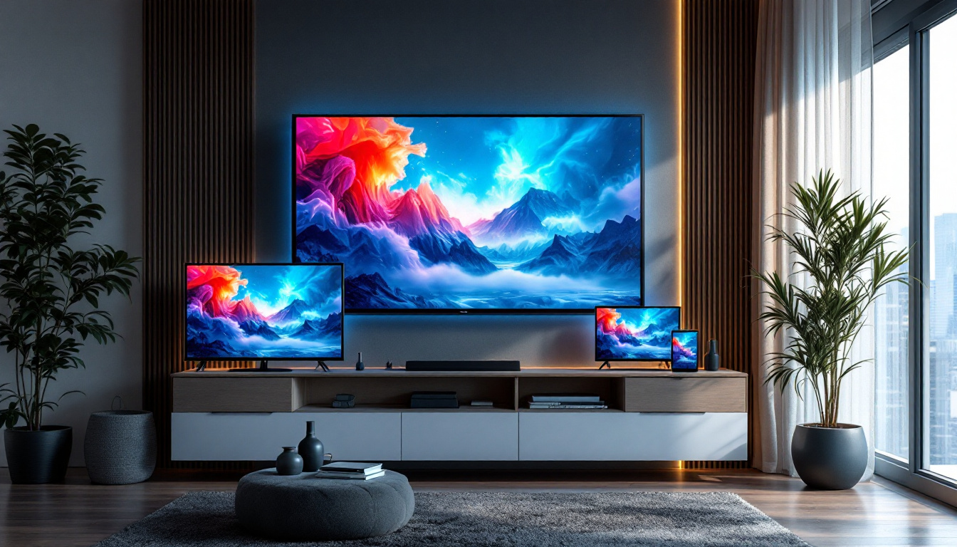 A photograph of a living room setting showcasing various common television sizes on display